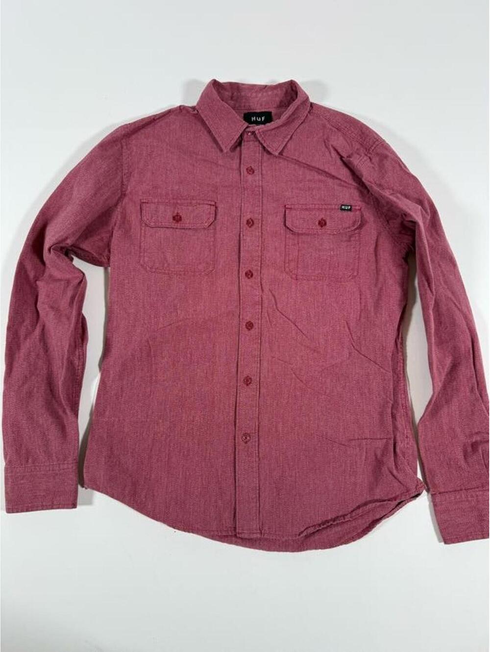 HUF Men's Long Sleeve Button-Up Shirt Burgundy Herringbone M